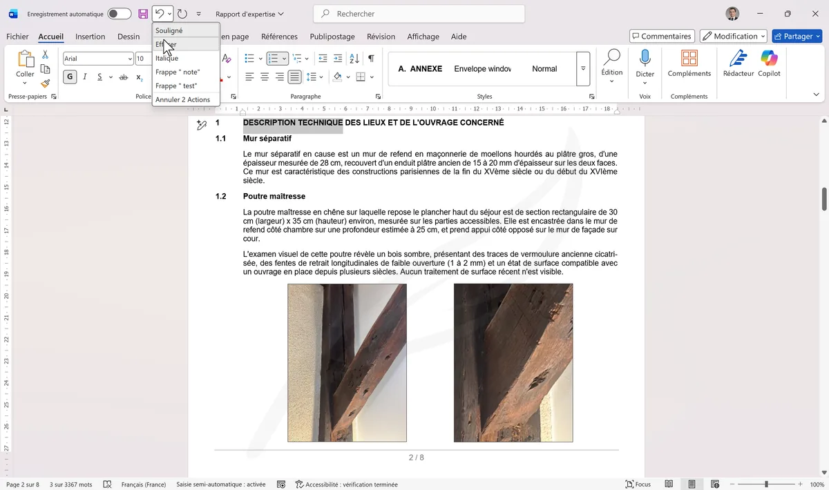 Flèche déroulante du bouton Annuler avec la liste des dernières actions dans Word