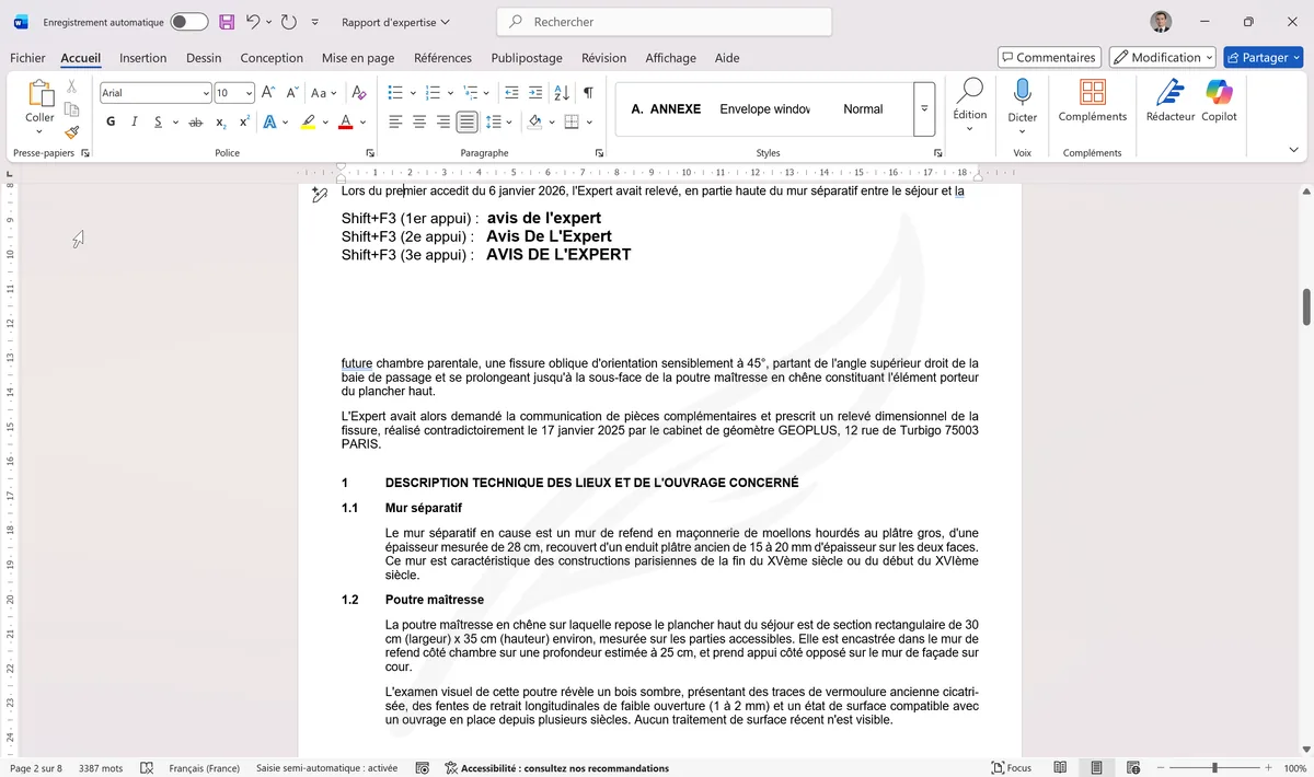 Titre affiché en trois casses différentes avec Shift+F3