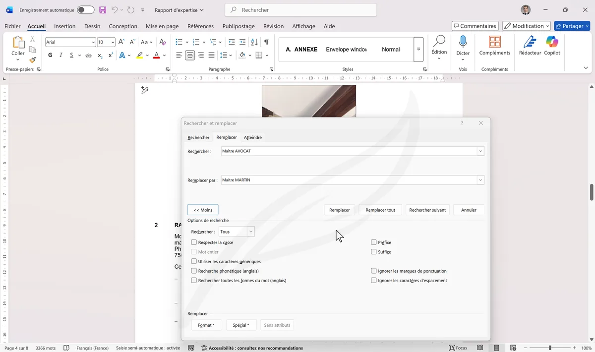 Options avancées Rechercher et Remplacer avec Respecter la casse