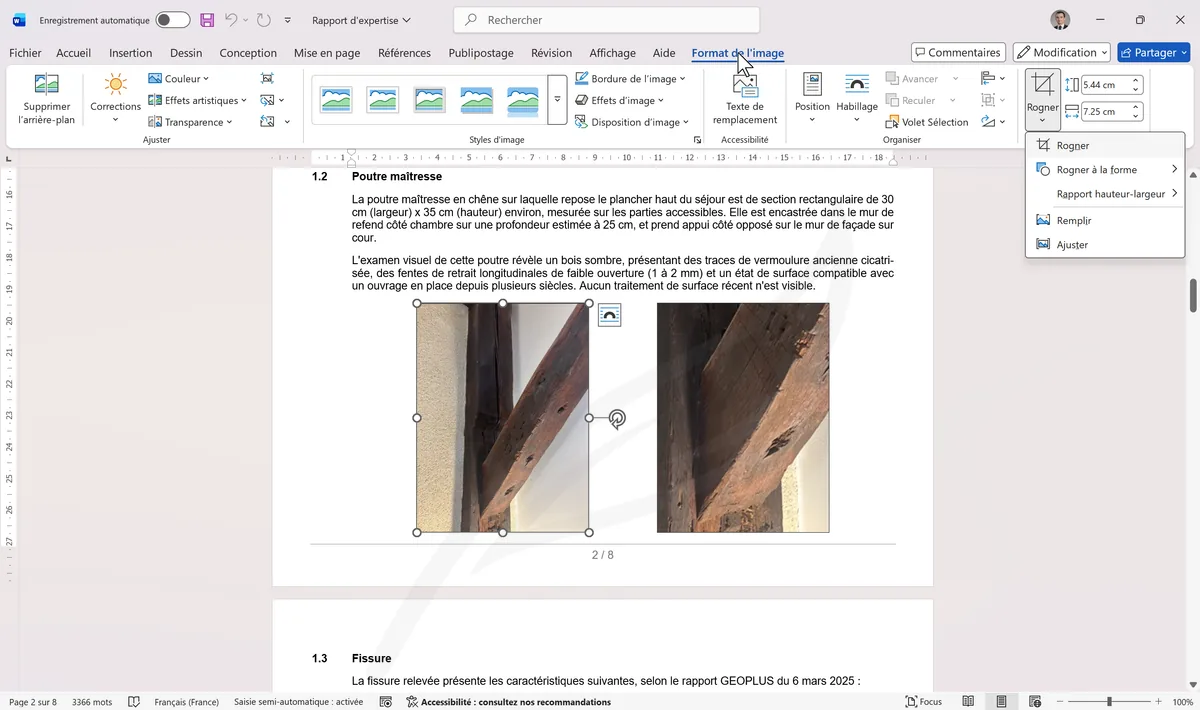 Menu déroulant Rogner avec les options