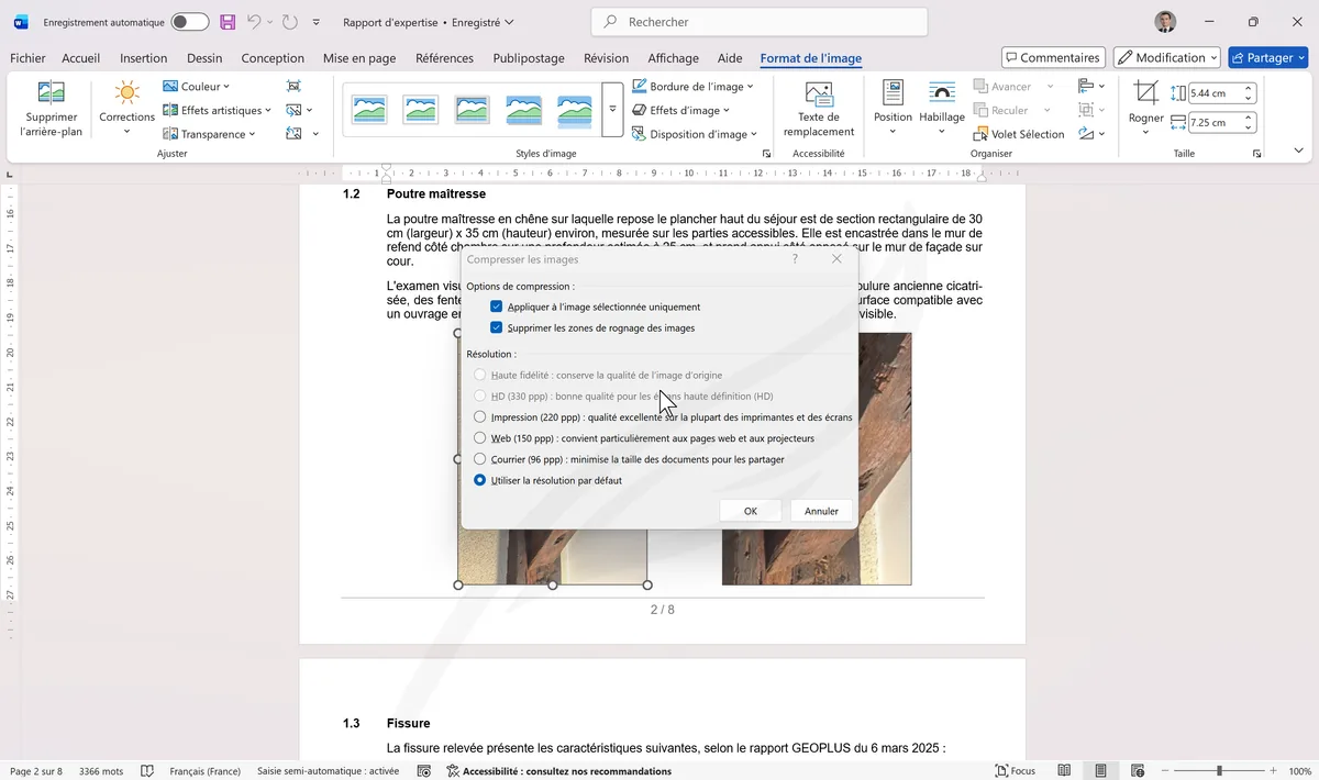 Boîte Compresser les images avec les options de résolution