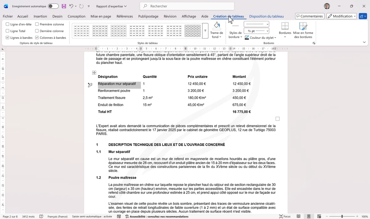 Galerie de styles de tableau dans l'onglet Création