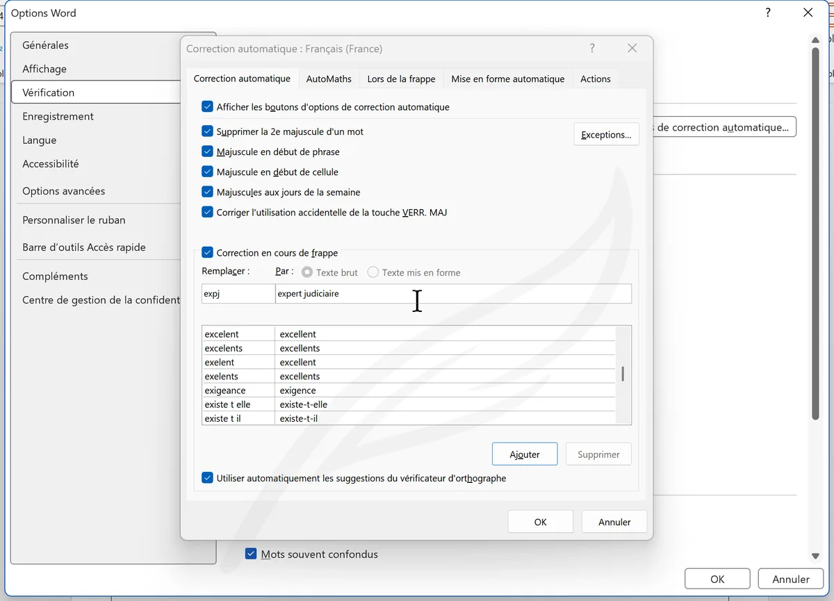 Boîte Correction automatique avec expj → expert judiciaire