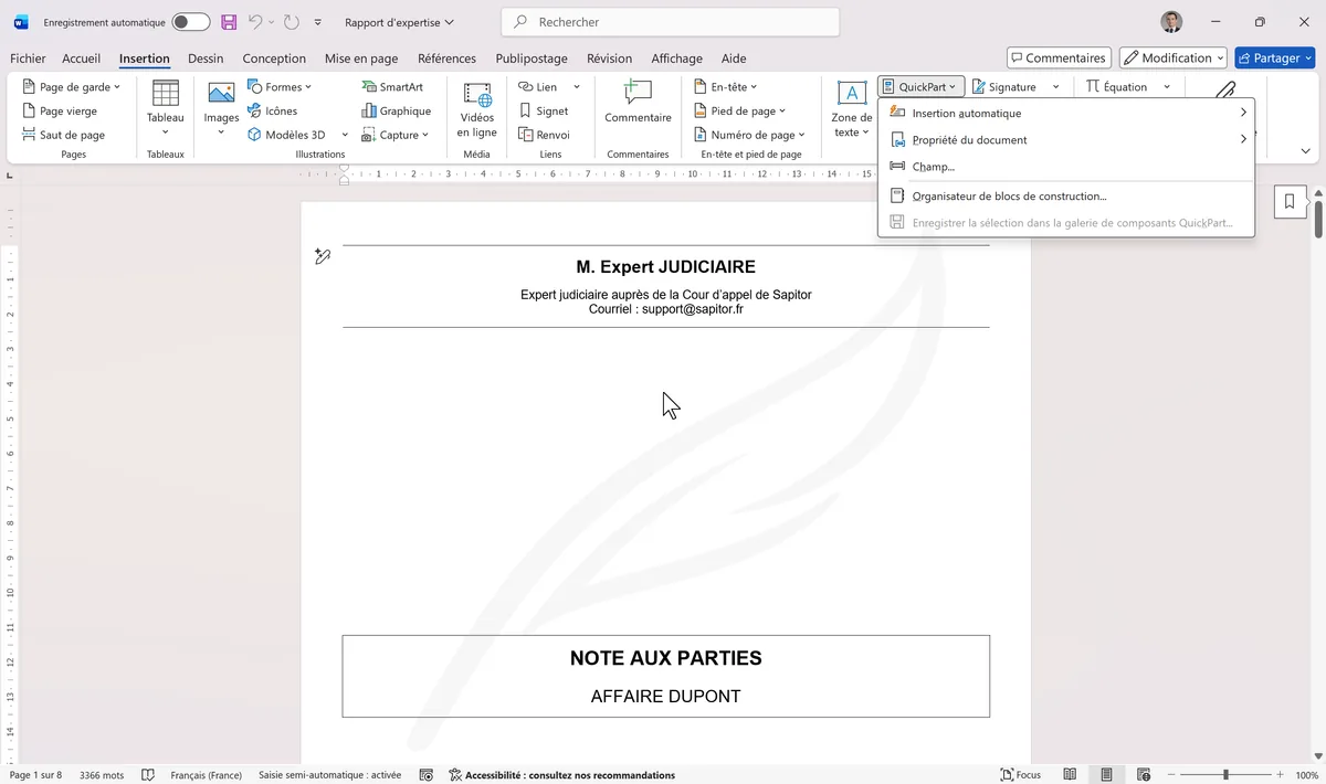 Galerie QuickParts avec blocs disponibles