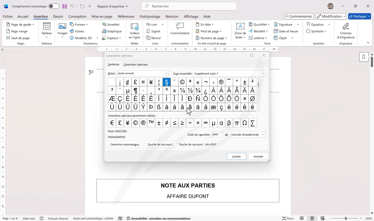 Boîte Insertion de symbole avec § sélectionné