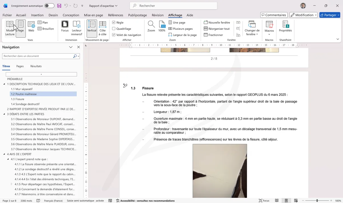 Volet de navigation avec arborescence des titres