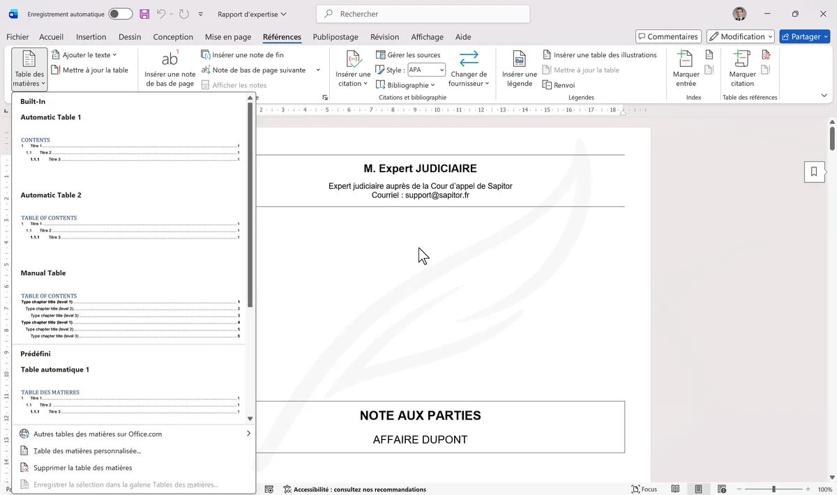 Menu Table des matières dans l'onglet Références