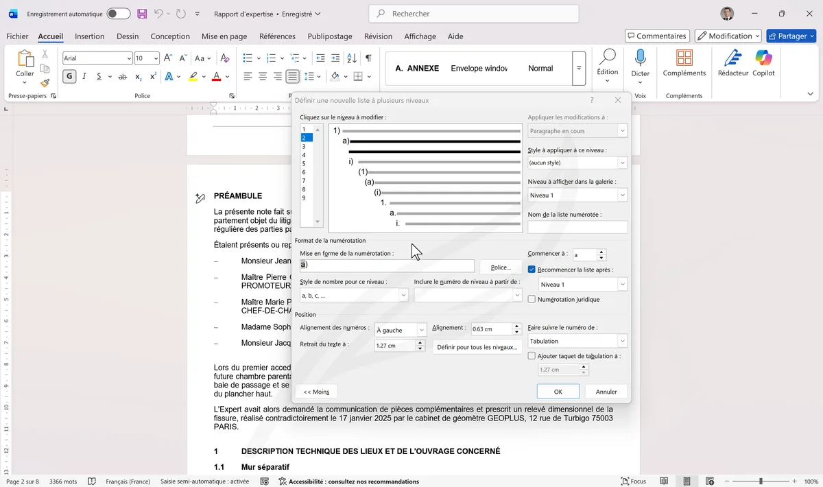 Boîte Définir une nouvelle liste à plusieurs niveaux
