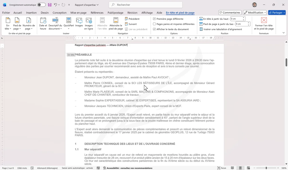 Zone d'en-tête active avec corps grisé