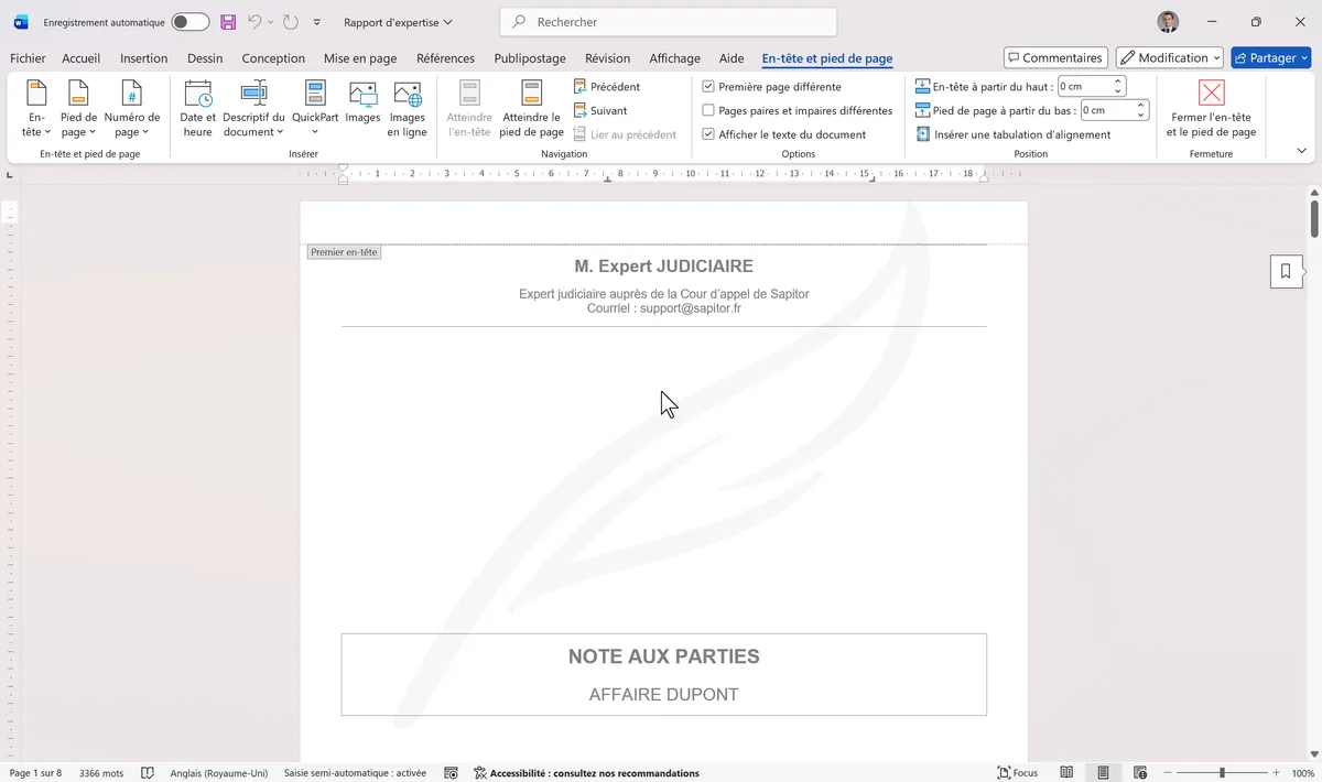 Case Première page différente cochée