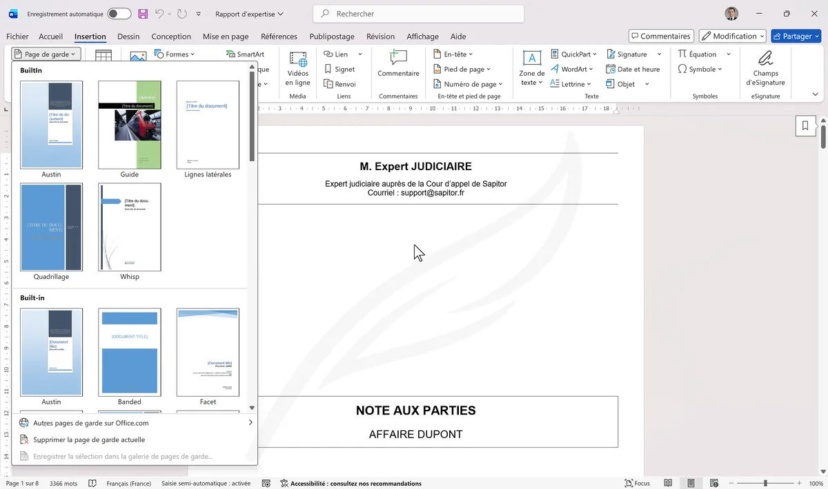 Galerie des pages de garde intégrées à Word