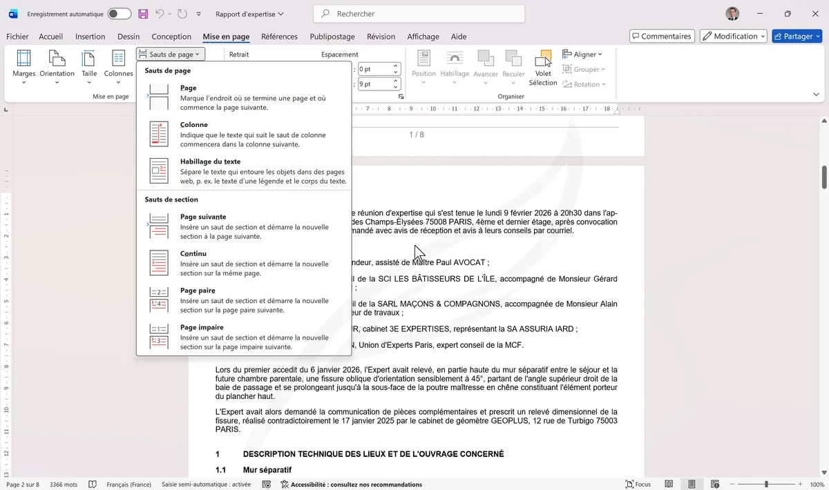 Menu Sauts avec les types de sauts de section