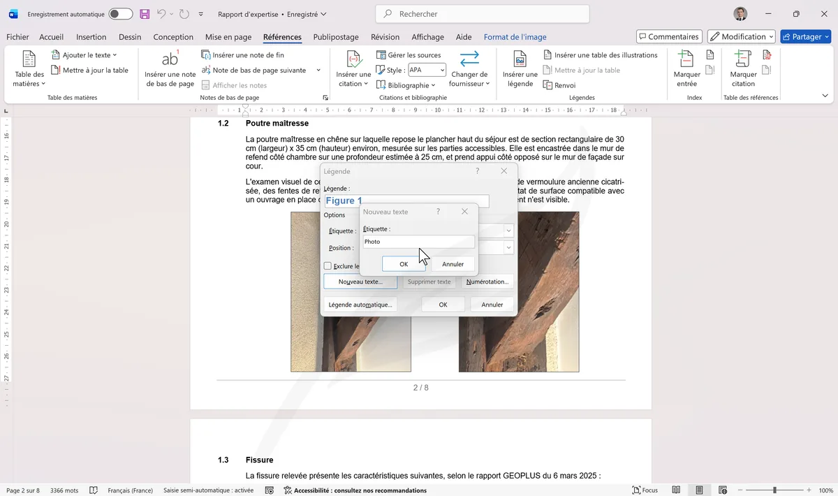 Boîte Légende avec bouton Nouveau nom pour étiquette Photo