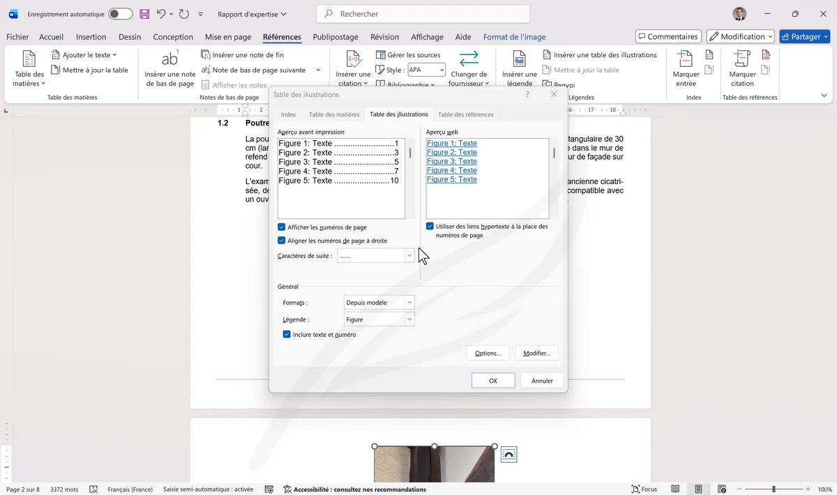 Boîte Table des illustrations avec légende Photo
