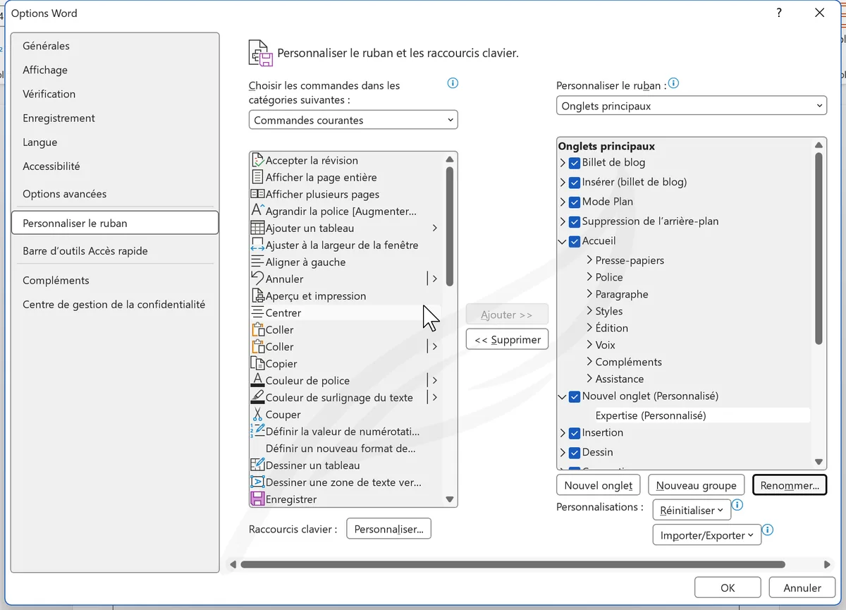 Personnalisation du ruban avec onglet Expertise