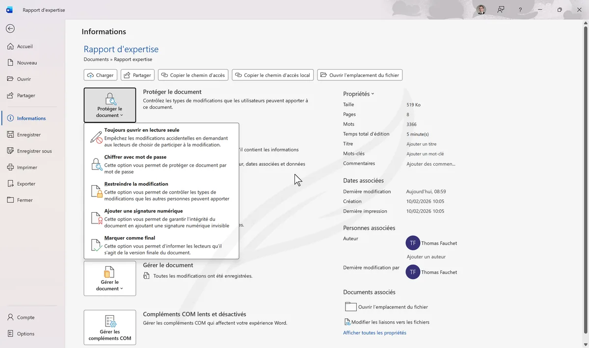 Menu Protéger le document avec options