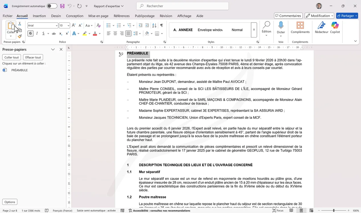 Volet Presse-papiers avec éléments copiés