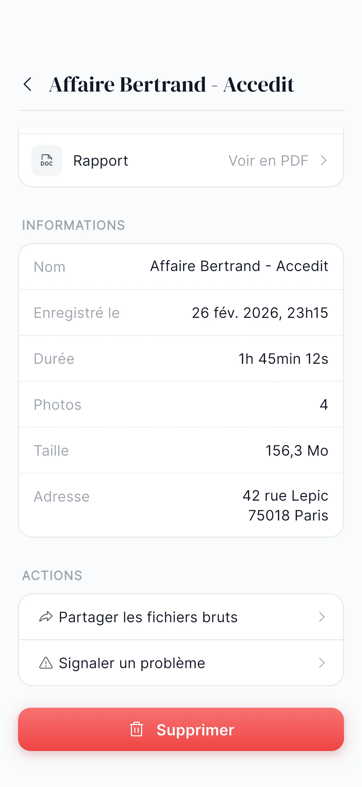 Section Actions en bas de l'écran de détail avec le bouton Signaler un problème