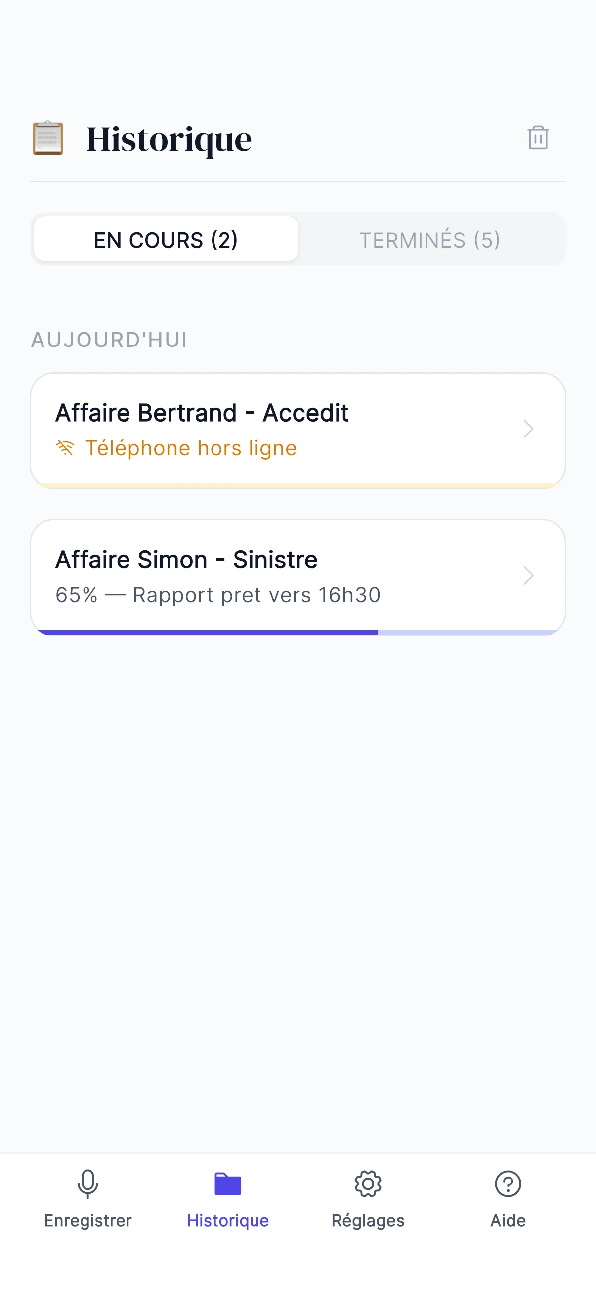 Historique avec le statut En traitement