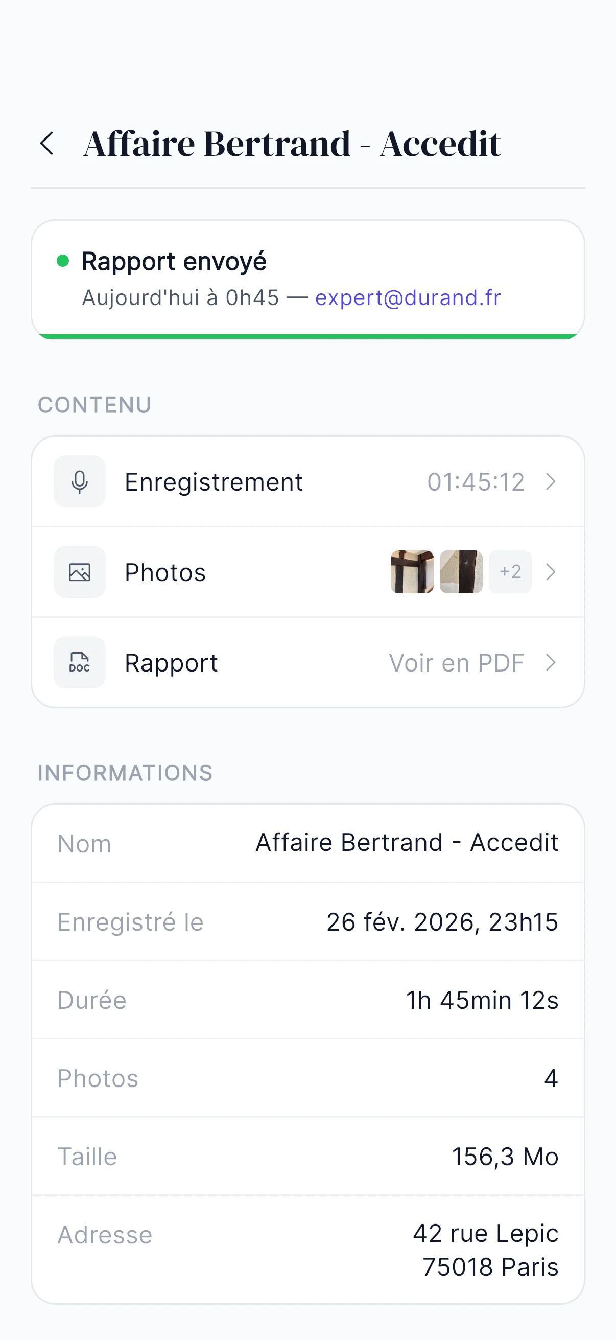 Détail de l'enregistrement avec boutons PDF et Word