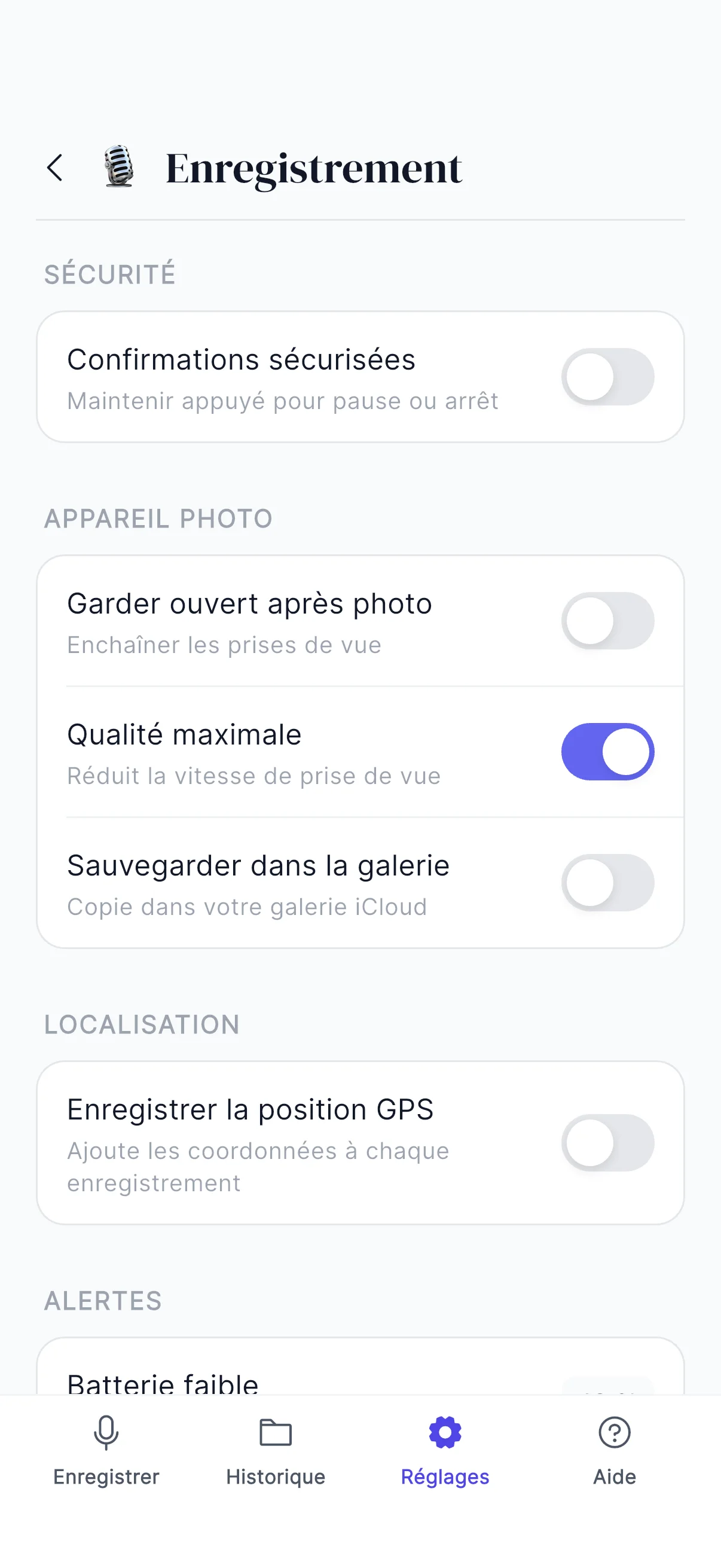 Réglages → Enregistrement → Sauvegarder dans la galerie
