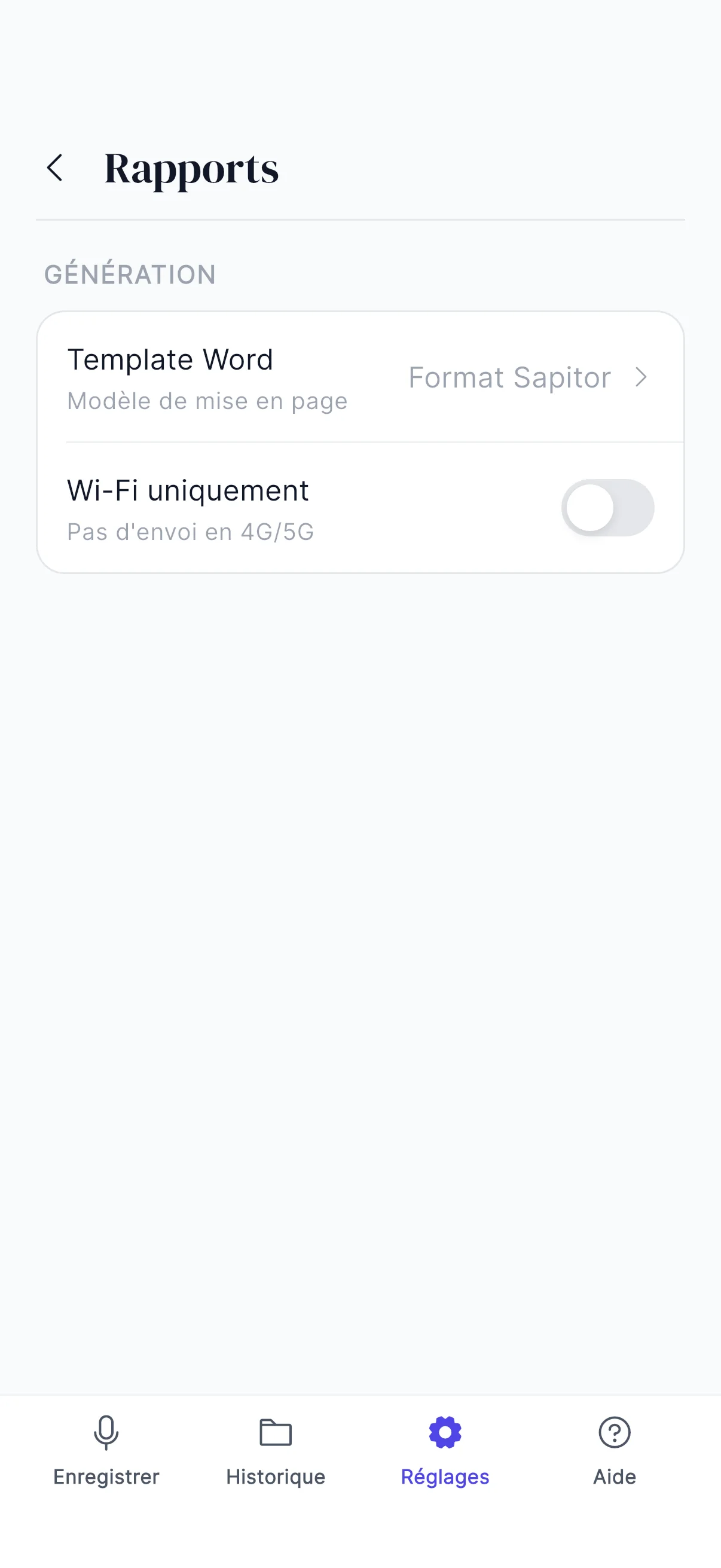 Réglages → Rapport → Modèle Word avec la démarche à suivre